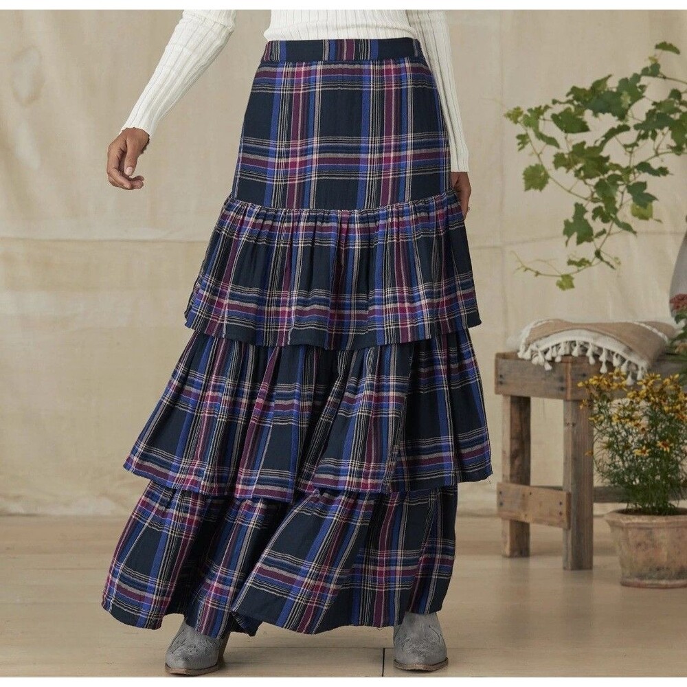 Sundance Gwenette Plaid Tiered Ruffle Skirt M Preppy Western Festival Midi Skirt